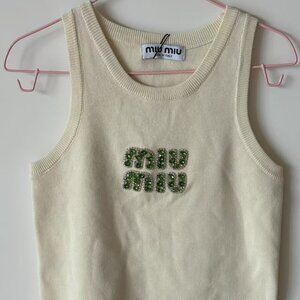 NWT Miu Miu Cream Knit Tank Top | Green Crystal Logo, (100 to 120 p)